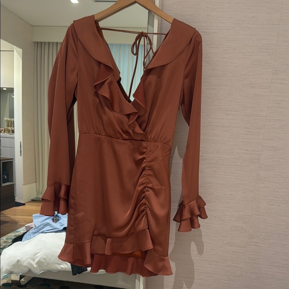 MAJORELLE Orange Ruched Bell Sleeve Dress